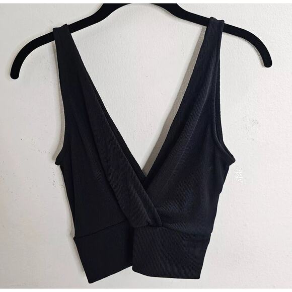 Revamped Black Deep-V Front & Back Faux Wrap Knit Crop Top Small - Picture 1 of 6